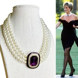 Vintage 90s Glass Faux Pearl Purple Glass Faceted Pendant 3 Strand Necklace